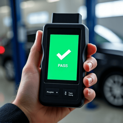 Certified technician performing a smog check on a vehicle in a clean auto shop.