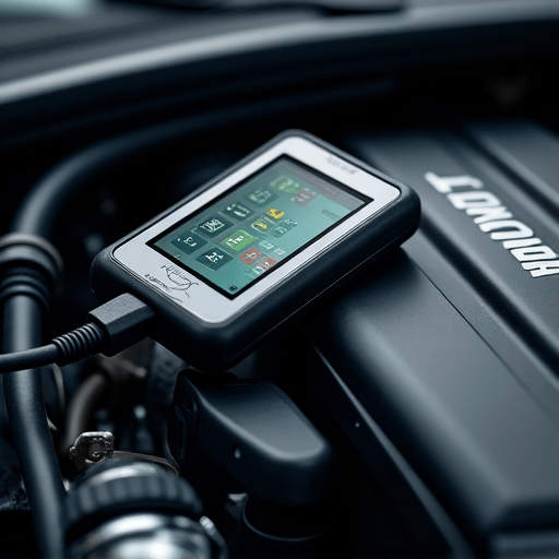 Close-up of specialized diagnostic equipment being used on a European car engine.