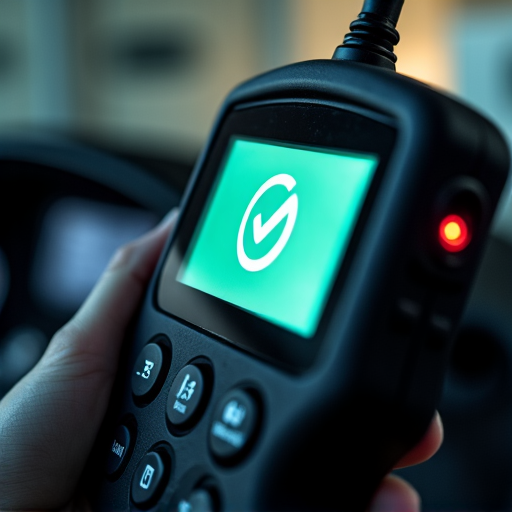 Certified technician performing a smog check on a vehicle in a clean auto repair bay.